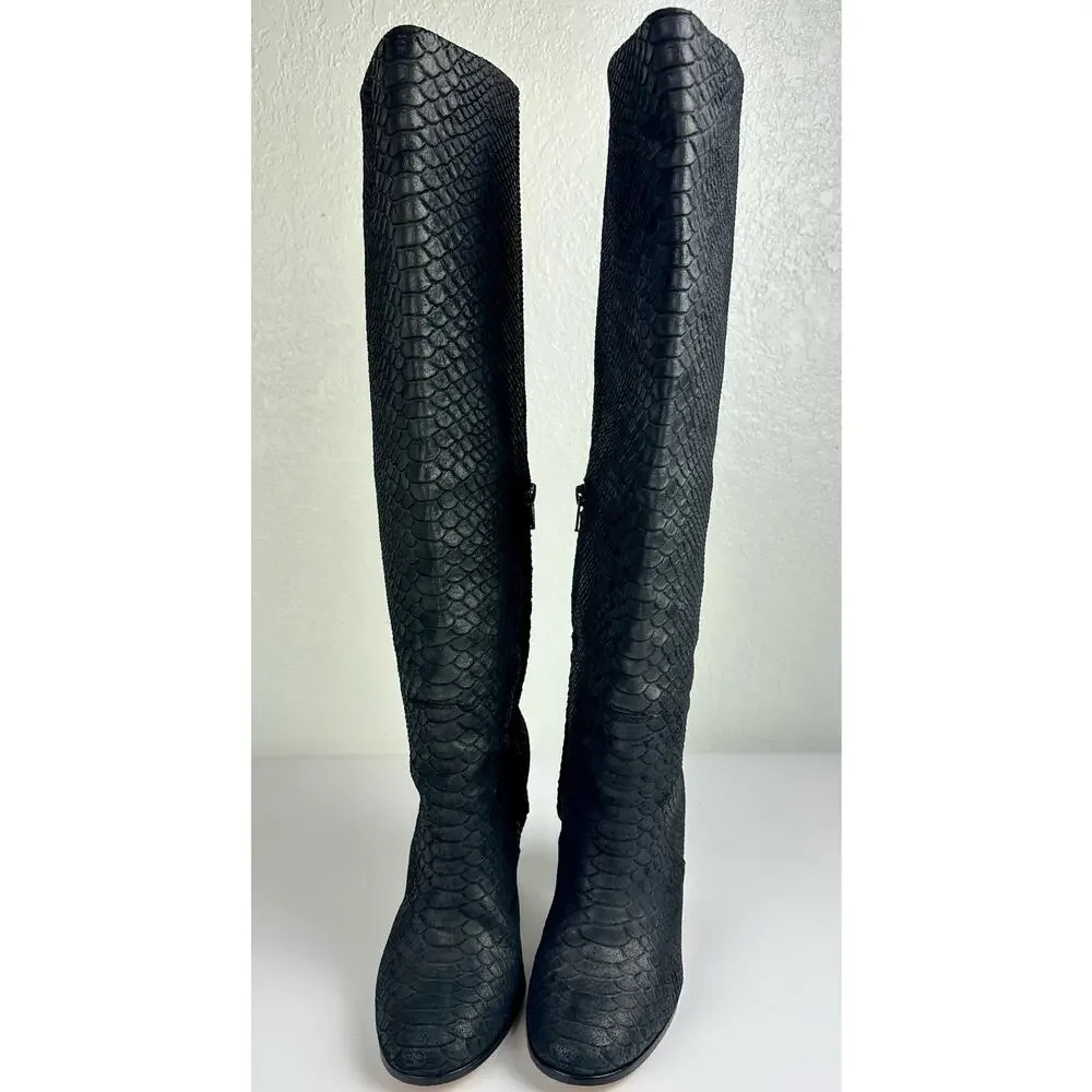 Michael Kors Black Crocodile Embossed Leather Knee High Block Heel Boots Size 8